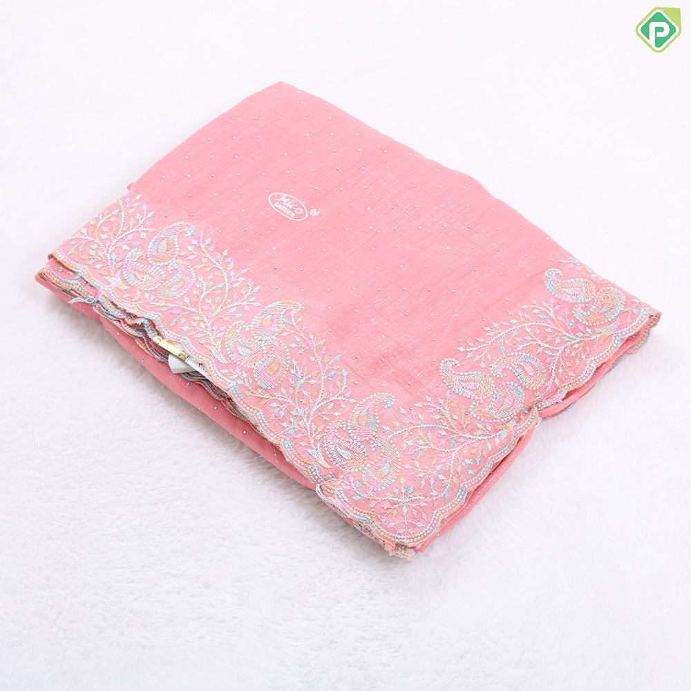 Baby pink tissue effect chamki work design self multi color embroidered cut work border Hollywood fancy saree