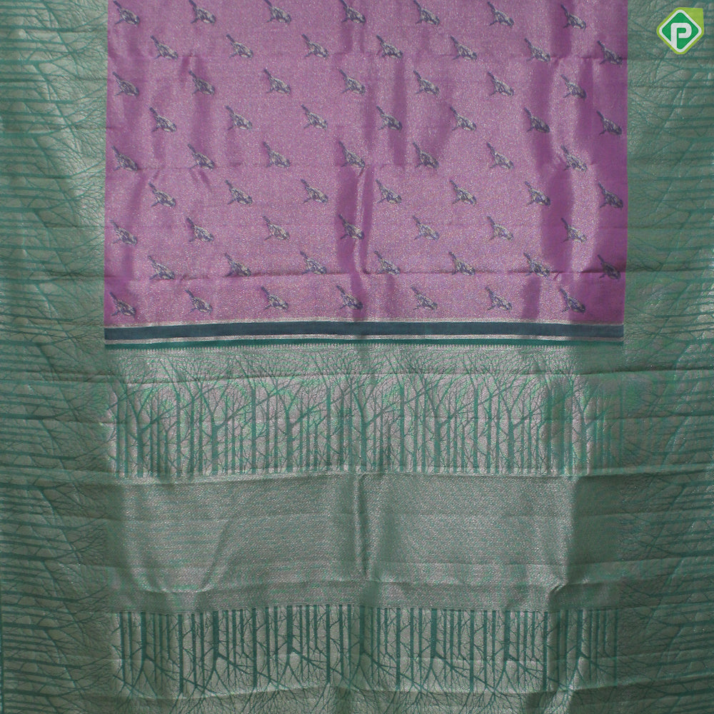 Pink Birds Design Gold Zari With Rexsona Green Jungle Border Fancy Trendy Silk Saree