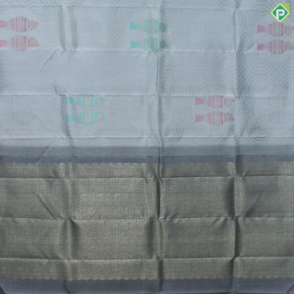 Gray Color Meena Work Parrot Design Border Less Trendy Silk Saree