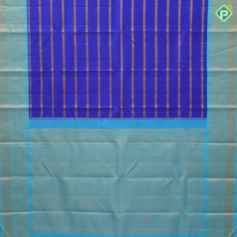 Royal Blue Gold Zari Ruthracham Line Design Aqua Blue Peacock Manga Bavanji Border Design Traditional Silk Saree