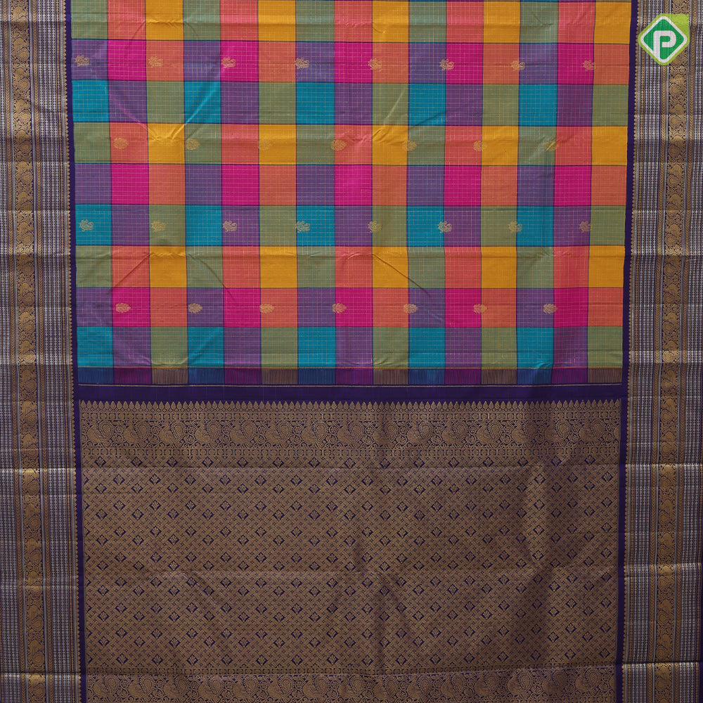 Multi color paalum pazhamum design gold zari butta and checks design contrast blue silver gold zari multi lines border traditional silk saree