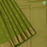 Parrot green gold zari lines and fancy butta self gold zari edge border pure mix silk saree