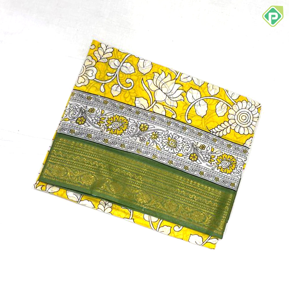 Honey orange multi color kalamkari printed design contrast pink gold zari border fancy cotton saree