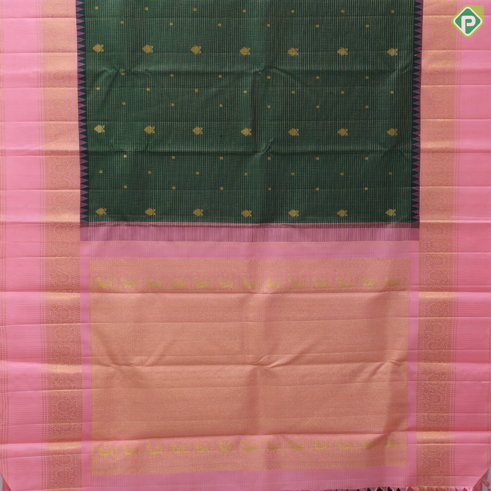 Jungle green gold zari kattam gandapiranda star butta baby pink rangoli design temple border traditional silk saree