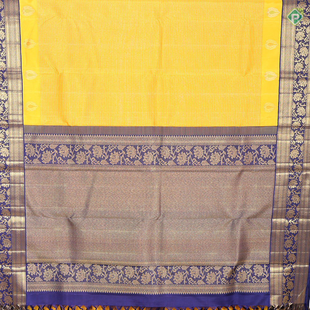 Mango yellow honey orange gold zari micro checks design Contrast Blue gold zari meena work border Traditional silk saree