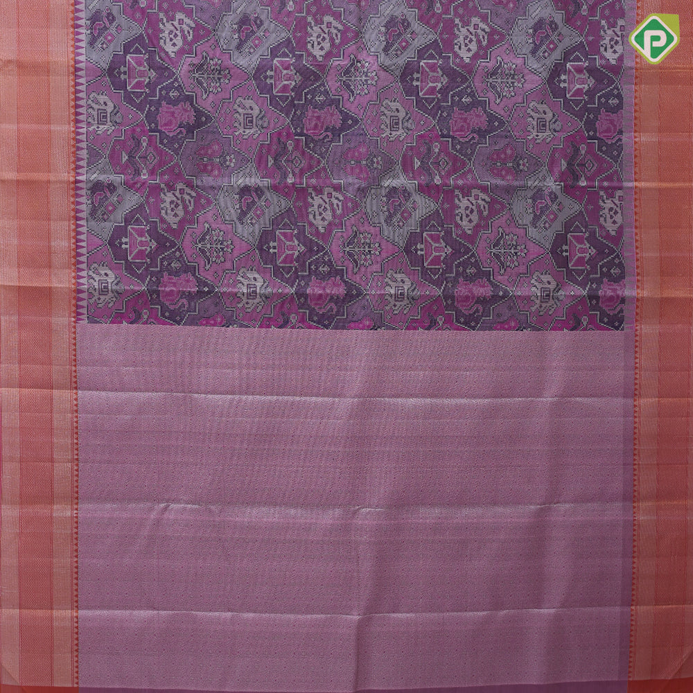 Purple base silver zari digital animation design orange with silver zari mayilkan border trendy designer silk saree