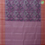 Purple base silver zari digital animation design orange with silver zari mayilkan border trendy designer silk saree