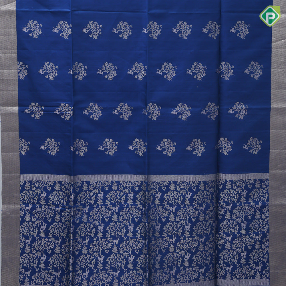 Teal blue silver zari deer plants fancy design self silver zari border soft silk saree