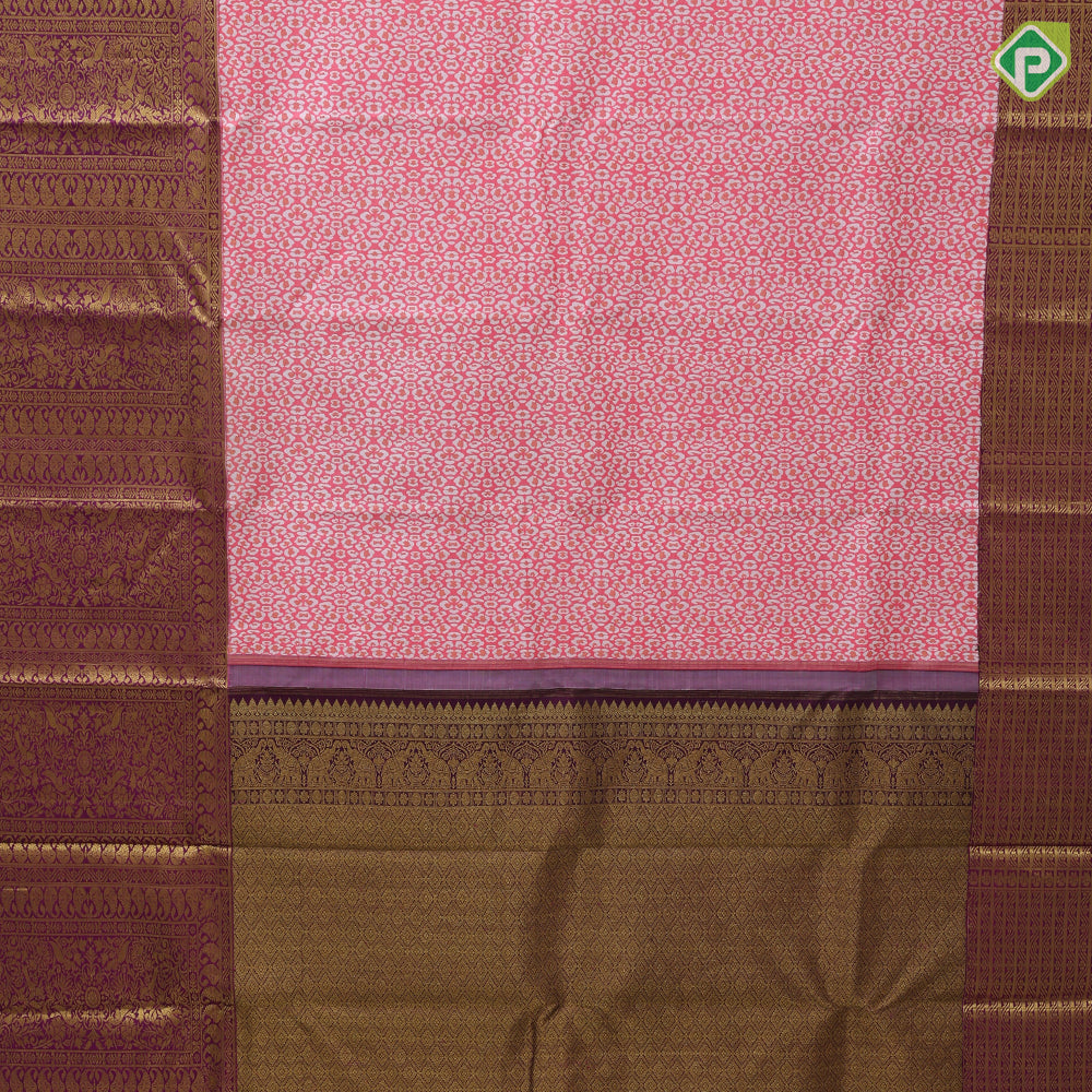 Bubblegum Pink Copper Zari Cheetah Skin Type Design Purple Floral Design Trending Fancy Silk Saree
