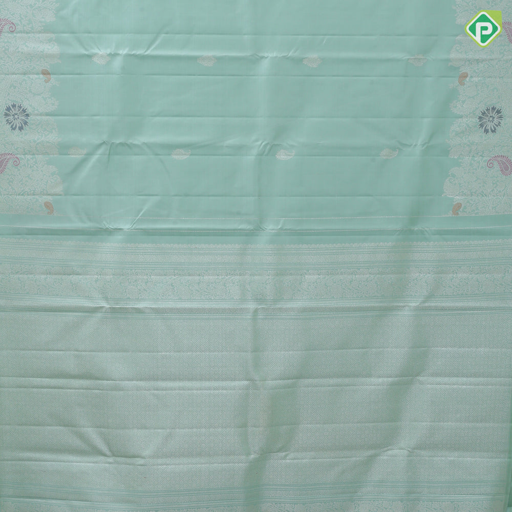 Sea foam green silver zari mango butta design self silver zari floral meena work border trendy designer silk saree
