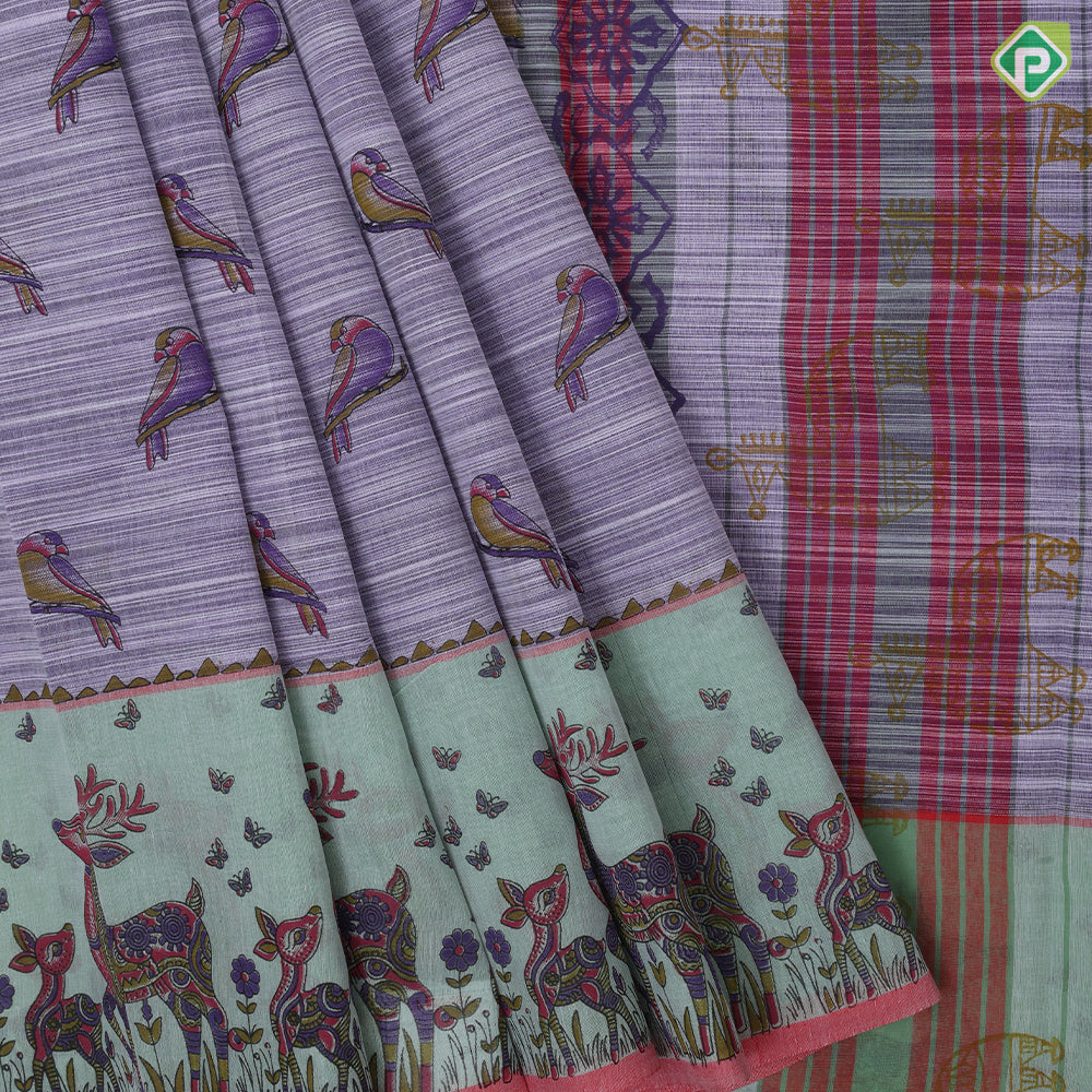 Full body sparrow design wild deer printed border summer cool light weight saree