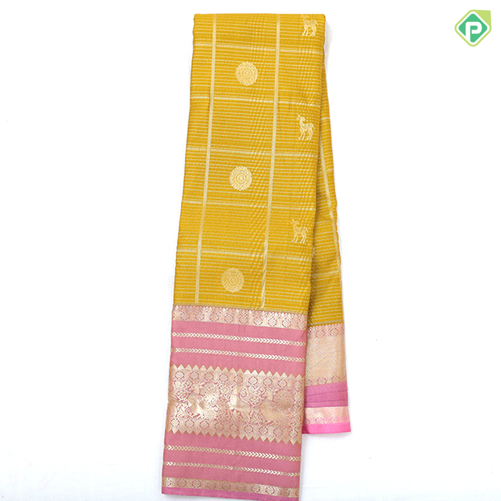 Mustard yellow gold zari checks and butta design onion pink gold zari multi design lines border art silk saree