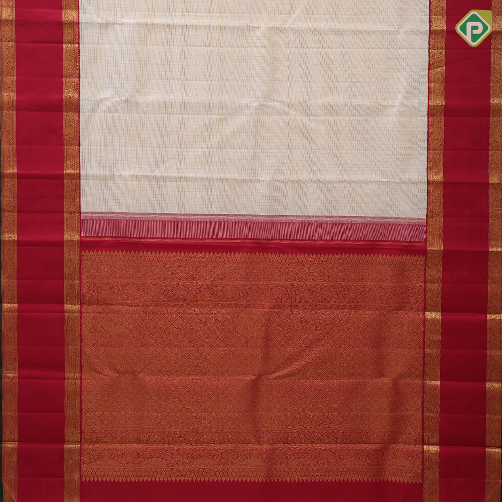 Milk white gold zari vairaoosi micro checks contrast maroon gold zari green edge padded retta pett border vintage silk saree