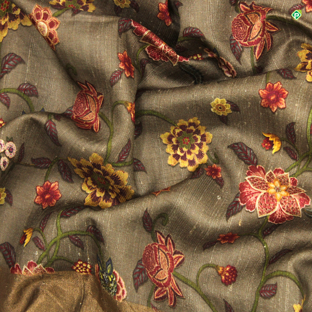 Onion Pink With Beige Big Flower Digital Print Motifs Pure Tussar Silks Saree