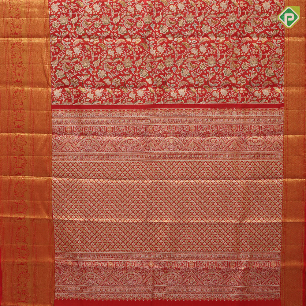 tomato red silver gold zari meena work bird and floral design self gold zari pallakku design border tissue silk saree