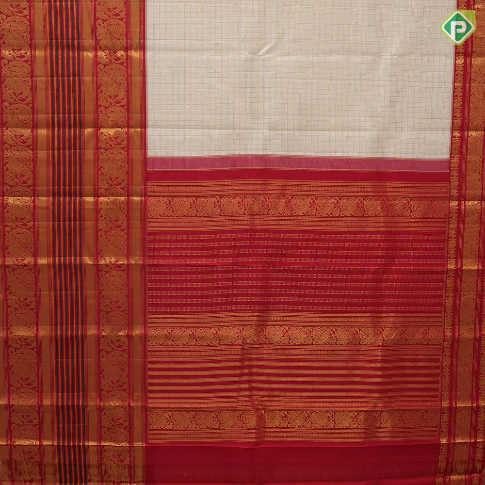 Half White gold zari rope checked design rani red gold zari peacock butta and thread work long border traditional silk saree