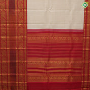 Half White gold zari rope checked design rani red gold zari peacock butta and thread work long border traditional silk saree