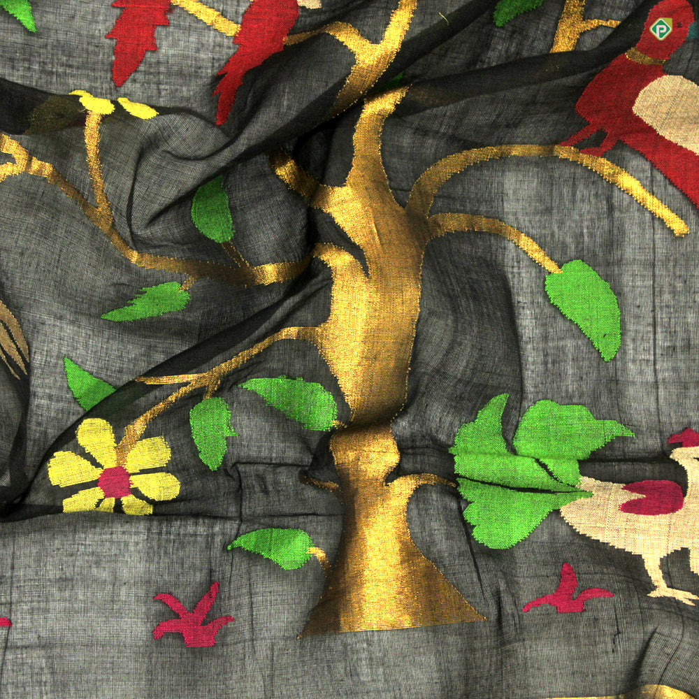 Black With Chilly Red Grand Paithani Zari Work Motifs Linen Silks Saree