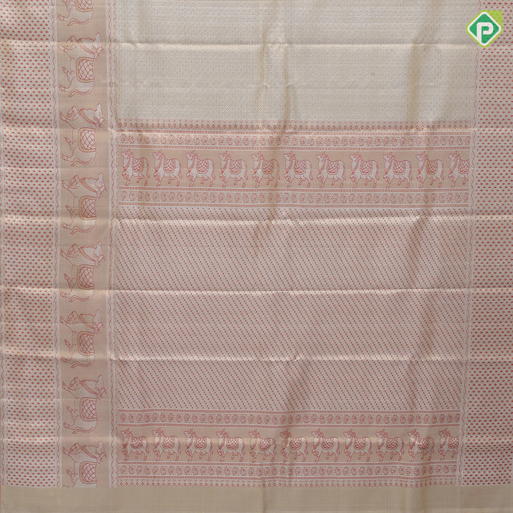Creamy base gold zari by zari grand brocade design tissue weave self cow and pythonic design pichwai silk saree