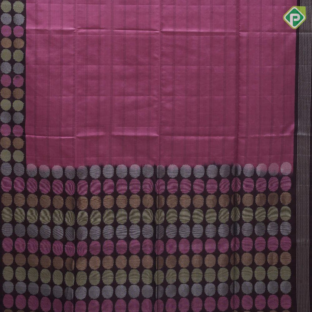 Dark onion pink self checks design black tri color zari round butta border soft silk saree