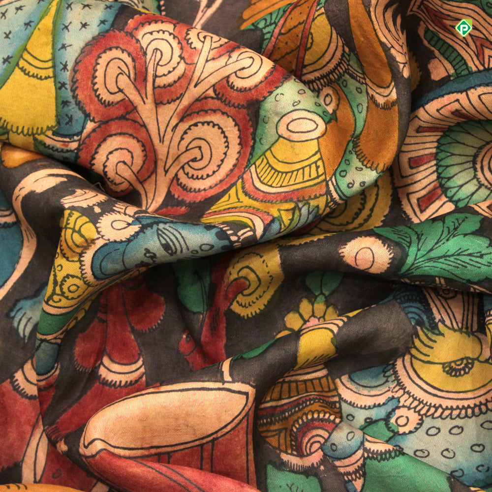 Pewter Grey With Brick Red Pure Hand Painting Kalamkari Silks Saree