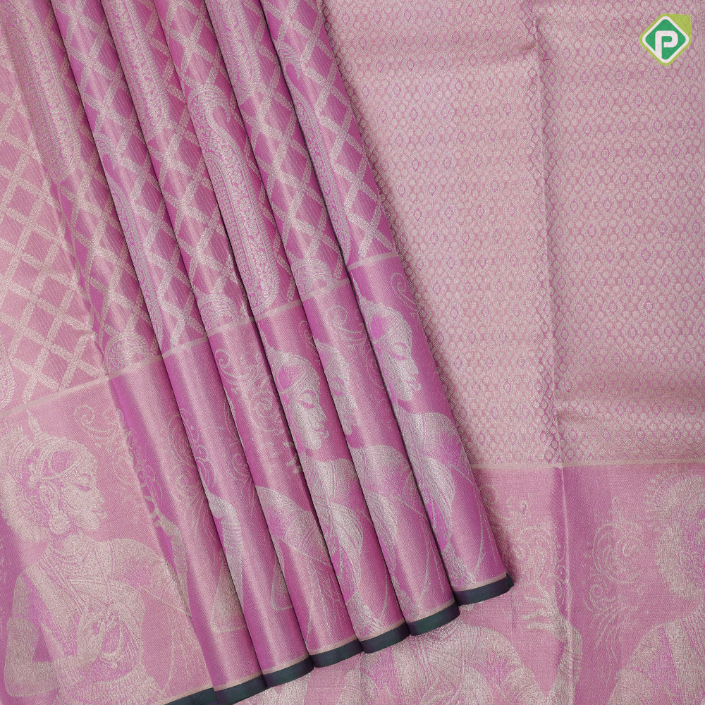 Baby pink silver zari grand cross checks fancy mango self plain background dancing women posture tissue silk saree
