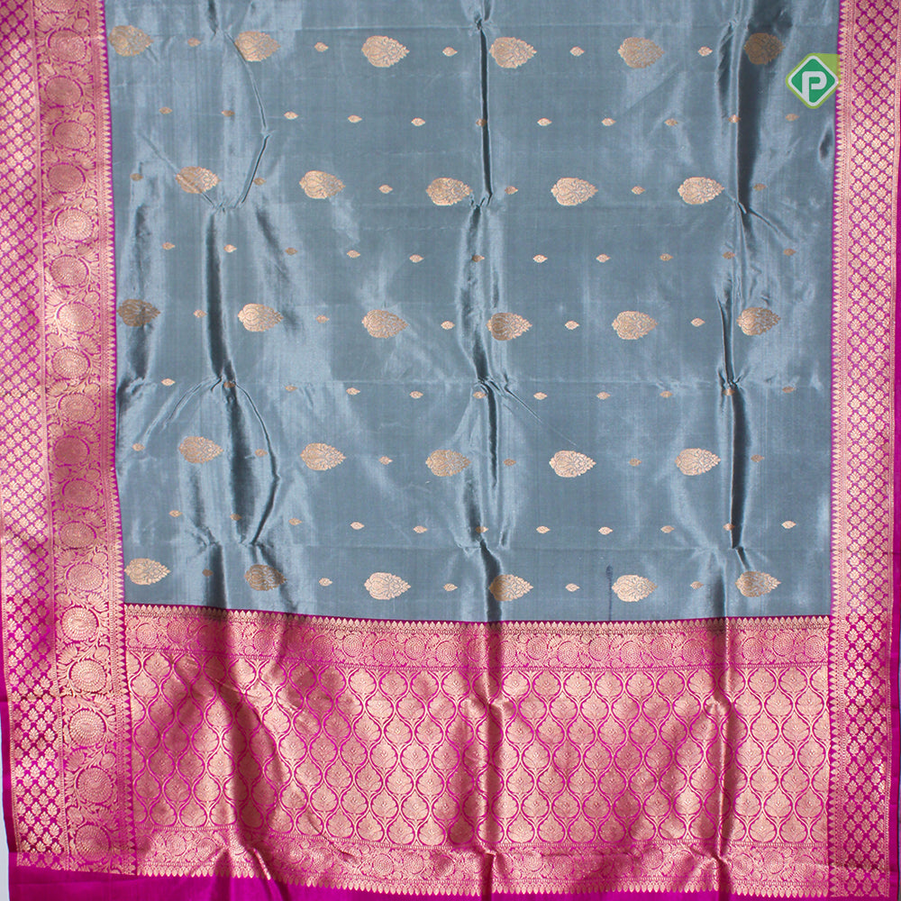 Silver Grey Two line Gold Zari Border Pure Banarasi Silk Saree