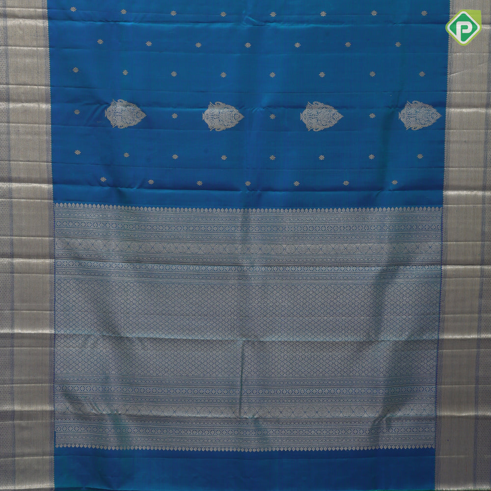 Peacock Blue Gold Zari Yazhi Peacock Design Self Colour Mayilkan Border Design Traditional Silk Saree