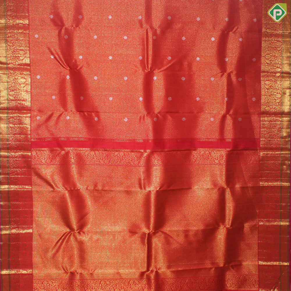 Rani Red With Gold Zari Small Circles and Silver Rudhraksham Self Colour Border Exclusive Bridal Silk Saree