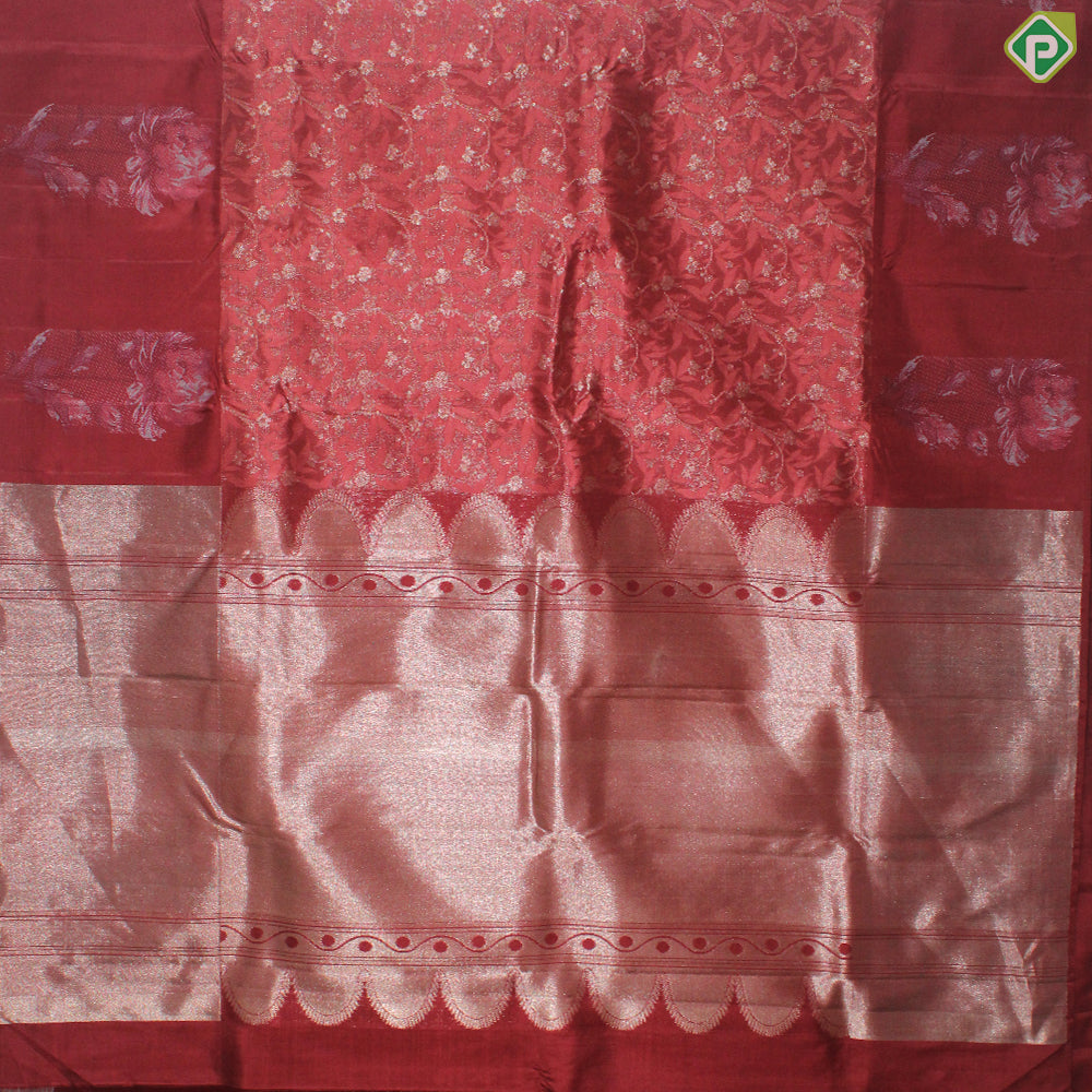 Maroon Color Silver Zari Floral Design With Big Flower Motif Border Fancy Trendy Silk Saree