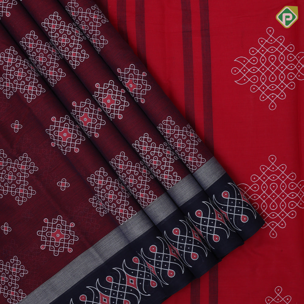 Marron Rangoli Design Dark Blue Border Trendy Fancy Saree