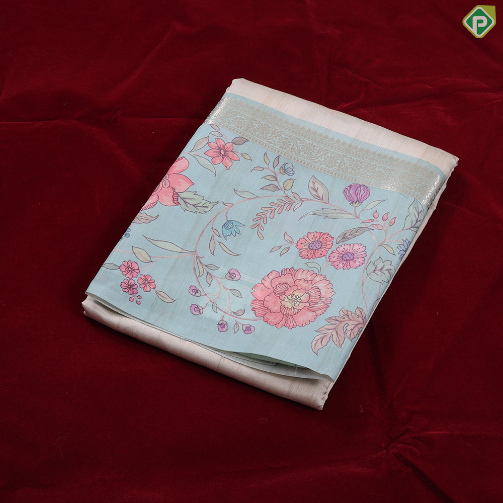 cream with gold zari round butta design baby pink multi colour floral border semi tusser saree