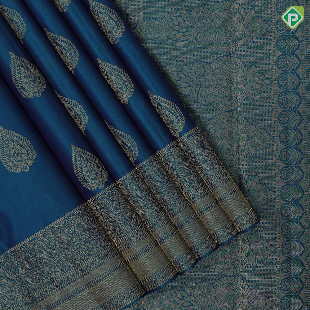 Bottle green gold zari leaf design self gold zari mango butta border gift silk saree