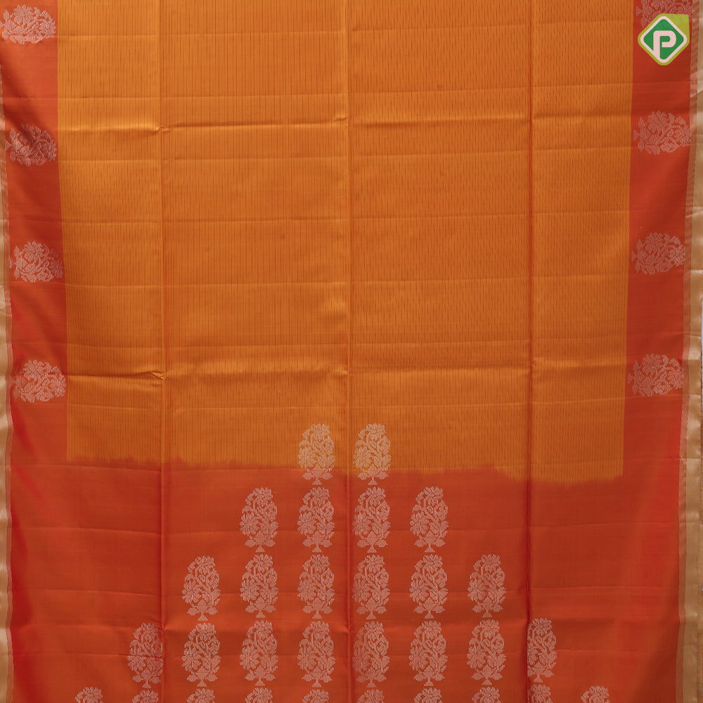 Mango yellow rust lines full body design self gold zari border soft silk saree