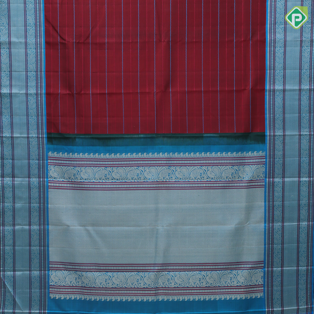 Maroon Zero Zari Veldhari Design Rama Green Peacock Elephant Border Design Traditional Silk Saree