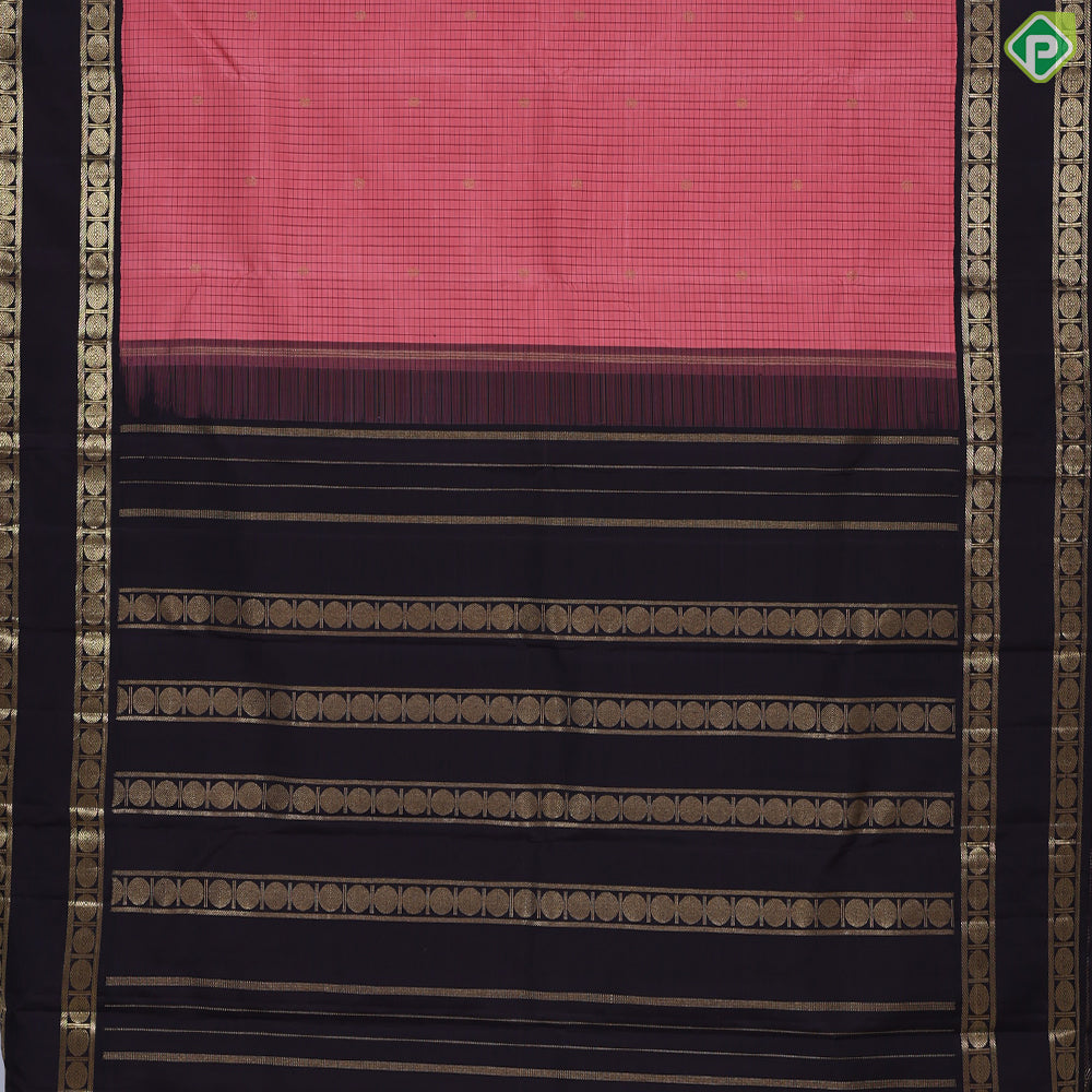 peach orange with brown checks gold zari rudraksham butta contrast rettapet border retro traditional silk saree
