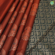 Honey orange gold zari stripes and fancy mango meena work army green gold zari thilagam border art silk saree