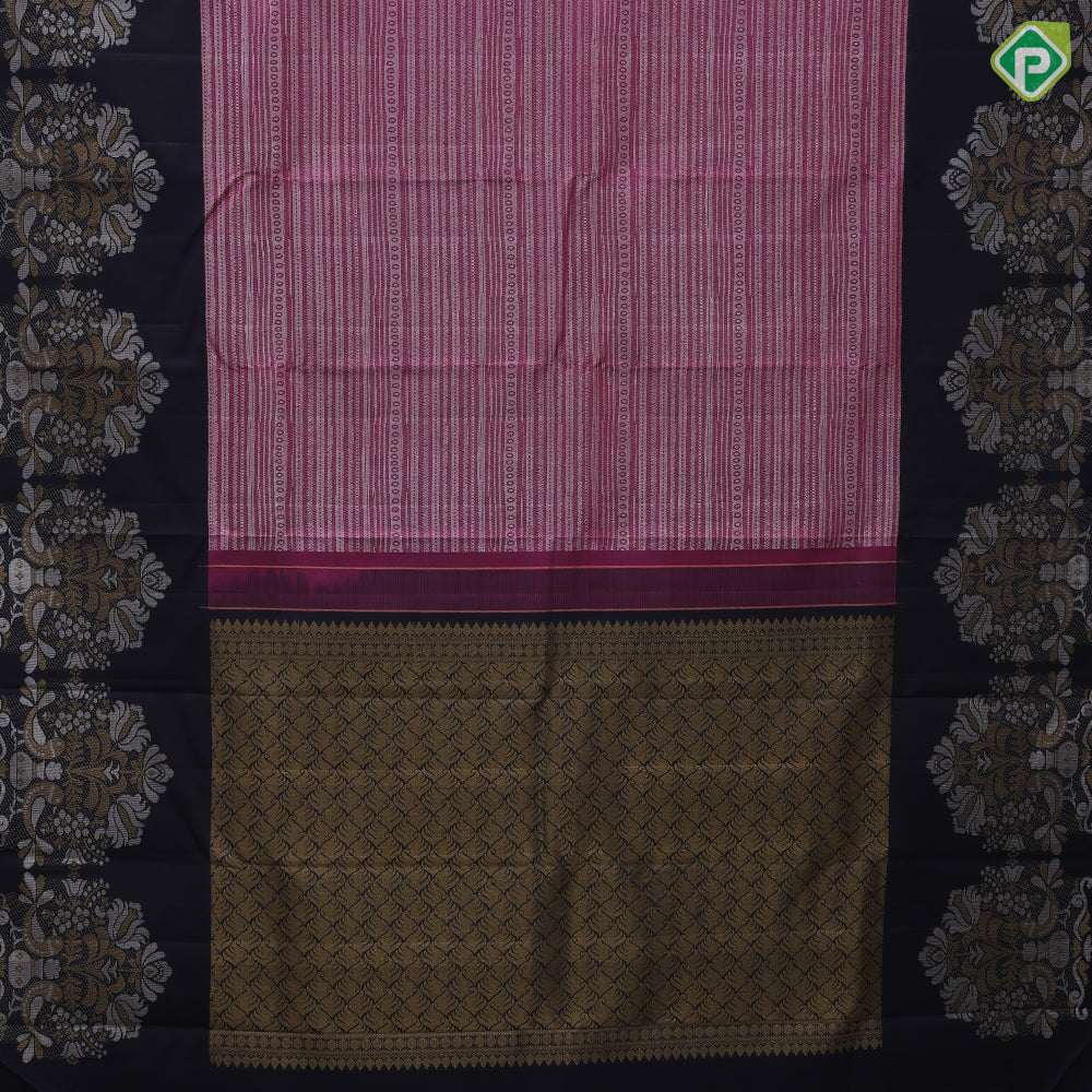 Deep Pink Gold Zari Velthari Lines Brocade Design Dark Navy Blur Flower Bride Border Design Trendy Silk Saree