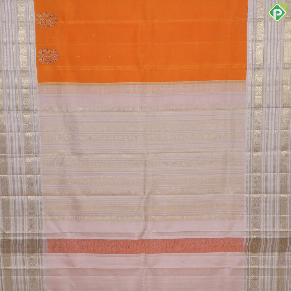 Honey orange thilagam butta meena work padded cream white border retro traditional silk saree