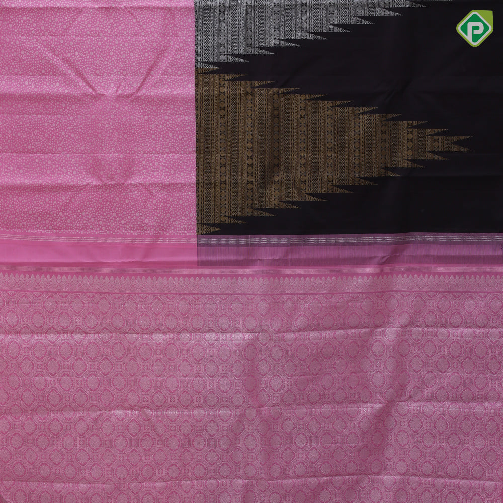 Dark brown silver gold zari temple tower baby pink silver zari mole design half and half concept exclusive silk saree