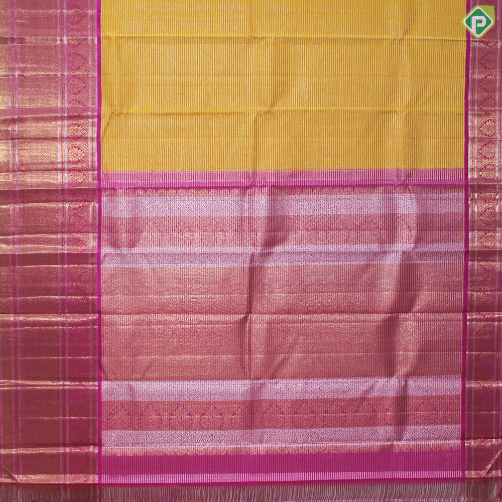Mango Yellow Silver And Gold Zari Vaira Oosi Lines  With Pink Thilagam Design Traditional Silk Saree