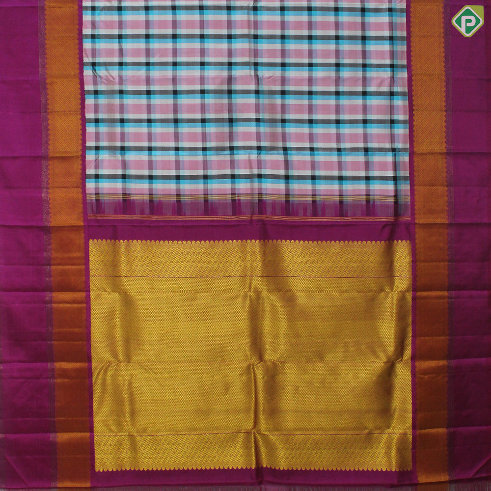 Multi Color Checked Gold Zari With Pink Vaira Oosi Lines Border Traditional Silk Saree