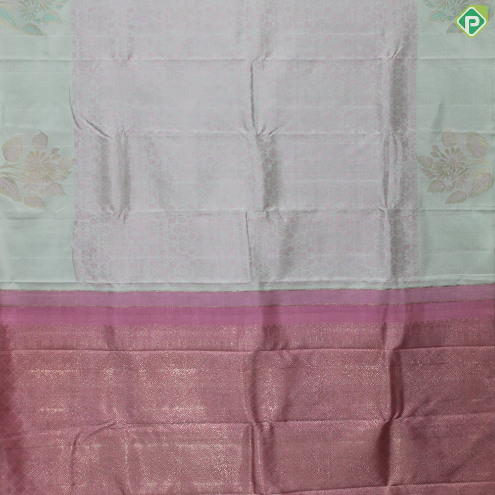 Peach green Thread Baby Pink Floral Design With Big Flower Border Design Trendy Silk Saree