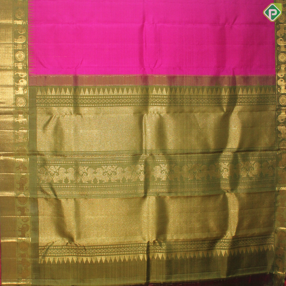 Dark Pink Body Plain With Olive Green Gold Zari YALI And Chakram Design Border Traditional Silk Saree
