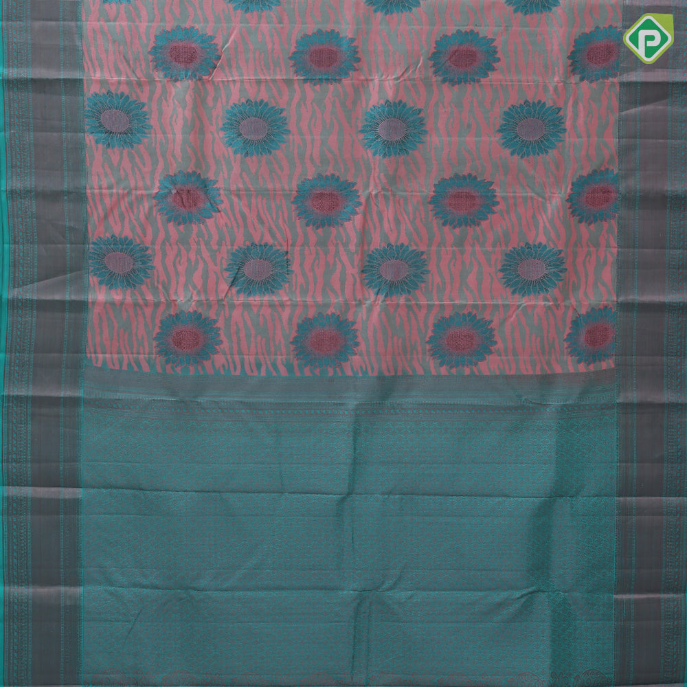 Mint green base sunflower and cloud design rama green copper zari border trendy designer silk saree