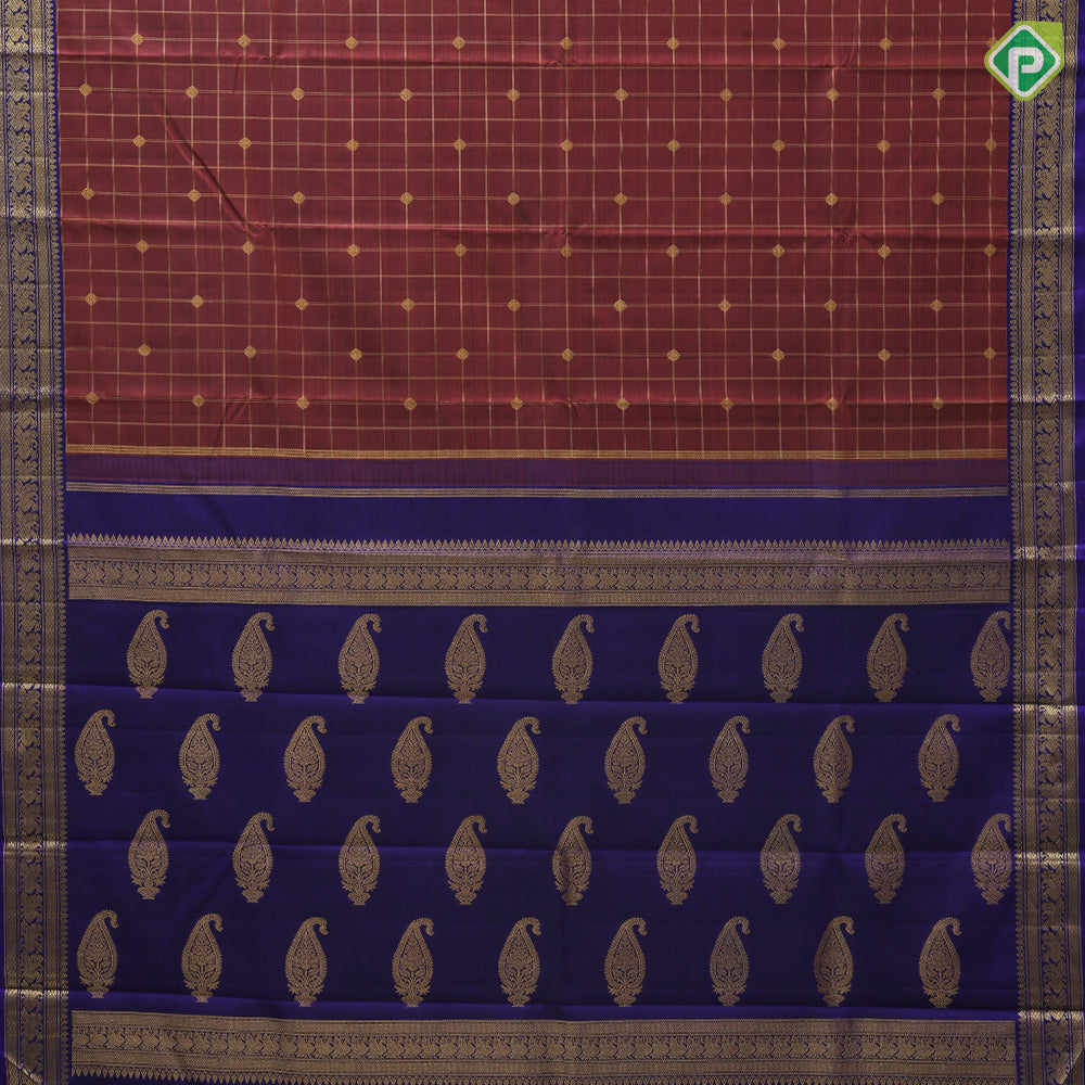 Rust color gold zari checks with rudraksham butta berry blue gold zari peacock edge border traditional silk saree