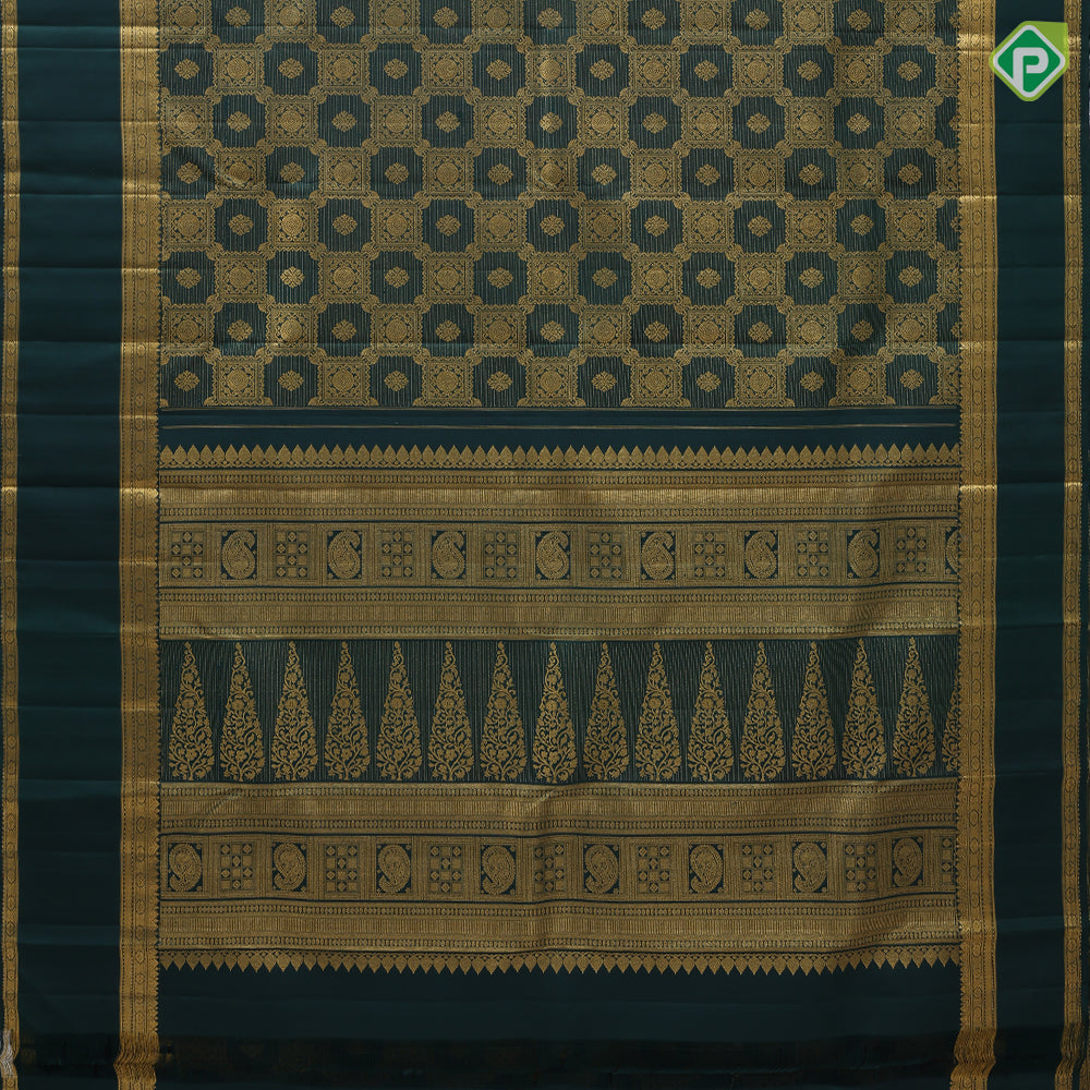 Olive green gold zari grand butta filled checks design self gold zari bentex border bridal silk saree