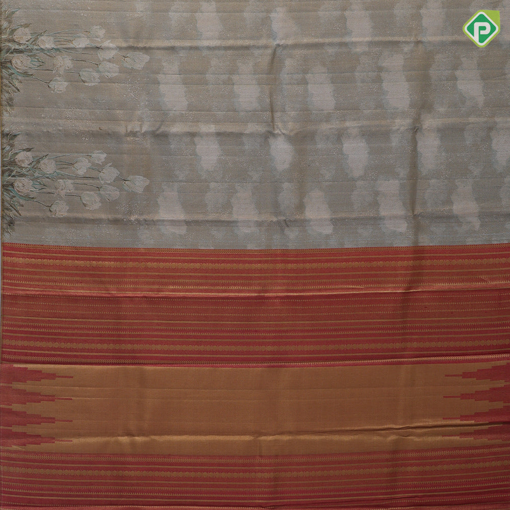 Antique gold sage green subtle cloud motifs gold tissue weave vintage floral tulip border European tulip inspired signature silk saree