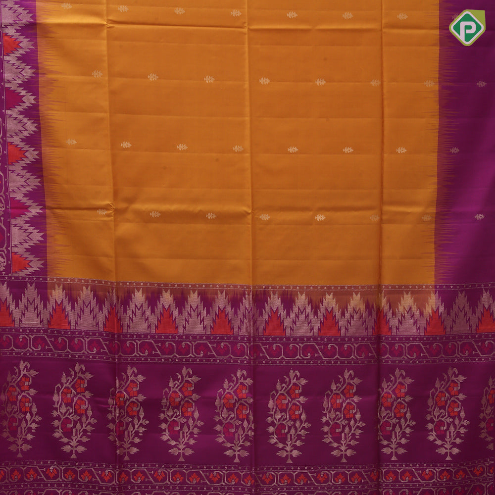 Mustard yellow gold zari fancy butta design grand pallu rani pink gold zari temple border soft silk saree
