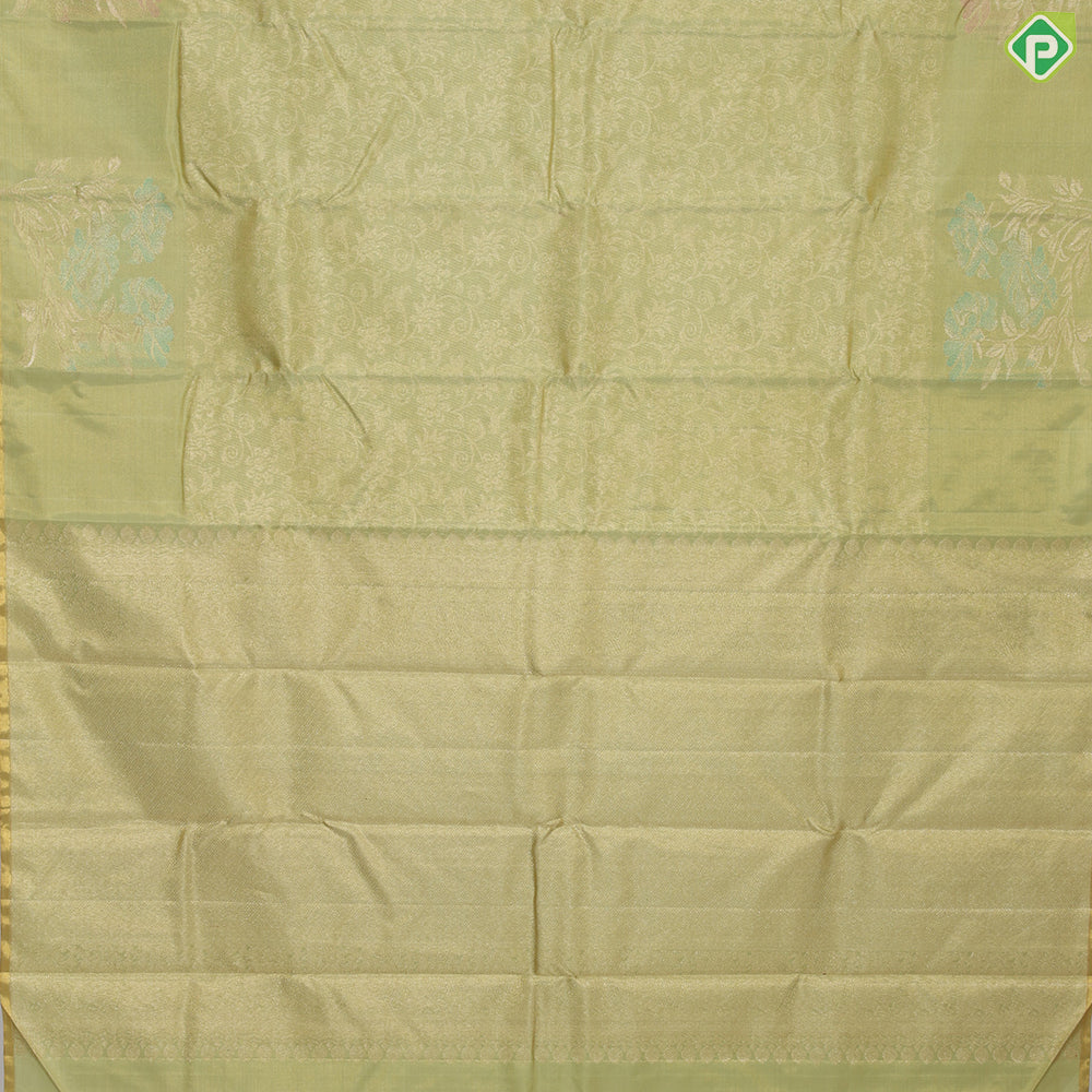 pista green gold zari grand floral tissue weaved design self meena work floral border trendy tissue silk saree